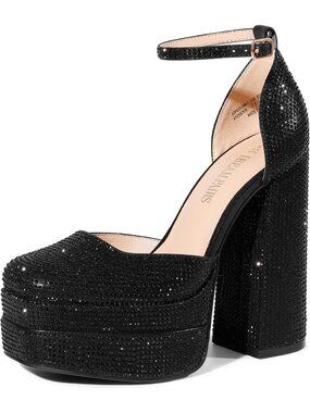 Dream Pairs Women's Black Rhinestone Platform Square Toe Ankle Strap Heel Pumps